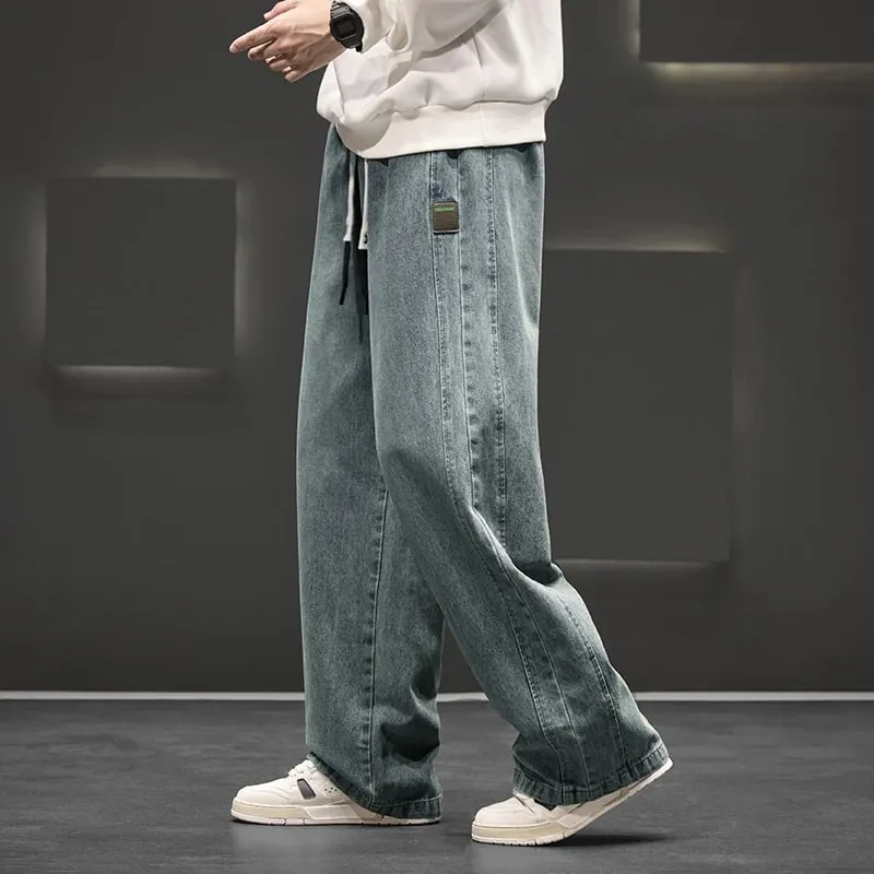 ฤดูใบไม้ผลิใหม่กว้างกางเกงยีนส์ผู้ชายตรง Vintage Drawstring กางเกงหลวมกางเกงสบายๆแฟชั่นกางเกงขนาดใหญ่