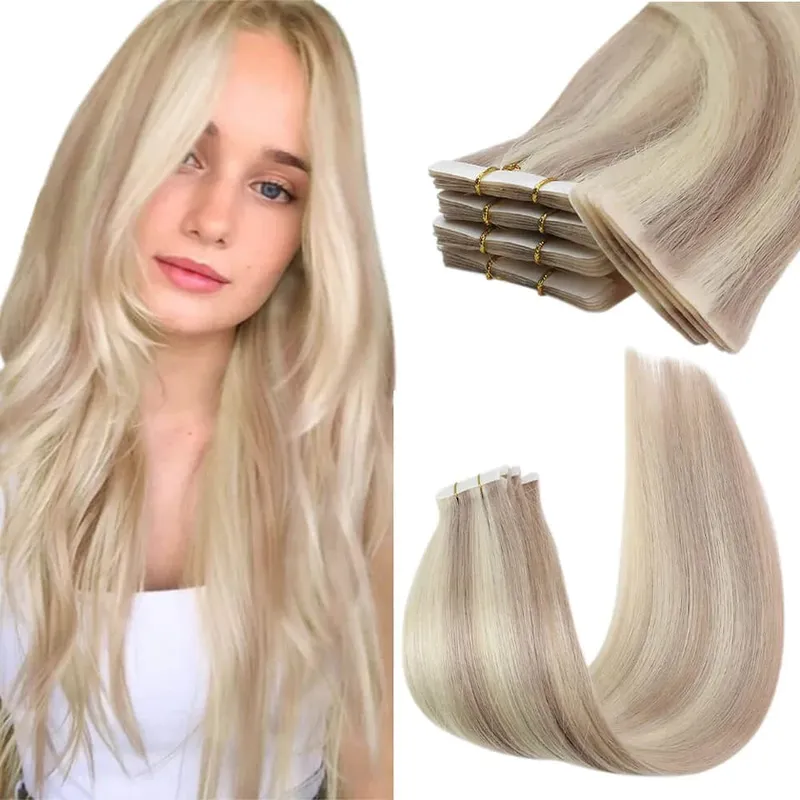 Przedłużanie włosów na taśmie wtryskowej Moresoo Popielaty blond Podkreśla dziewicze włosy Naturalna prosta brazylijska taśma w przedłużaniu ludzkich włosów — image 13