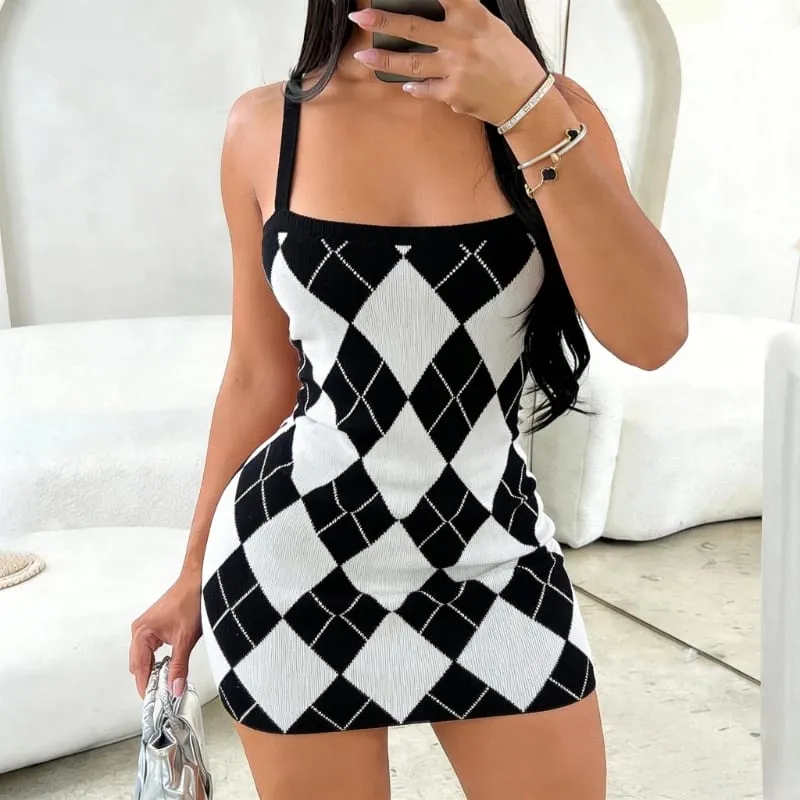 Argyle Pattern Mini Dress Women's Spaghetti Strap Square Neck Sundress Stretchy Knit Bodycon Casual Party Clubwear Dress Outfits