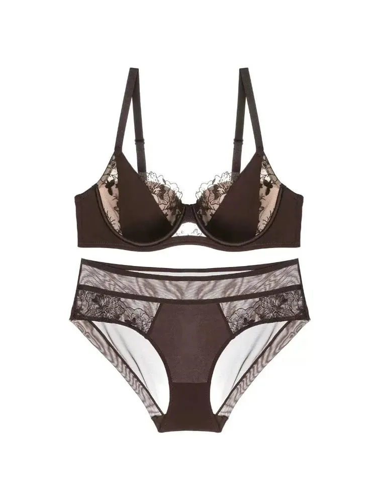 Set Bra Seksi Sulaman Renda Perancis Push Up Minimizer Mengumpul Sokongan Penuh Liputan Keselesaan Pakaian Dalam untuk Wanita Berpayudara Besar 2PCS — image 6