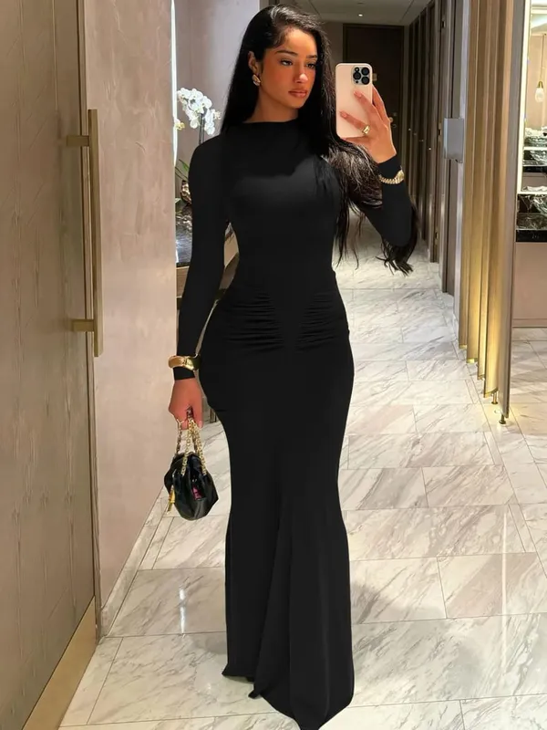 Hugcitar 가을 솔리드 긴 소매 Draped 섹시한 Bodycon 맥시 댄스 파티 드레스 여성 패션 Y2K 의상 저녁 파티 축제 클럽 — image 10