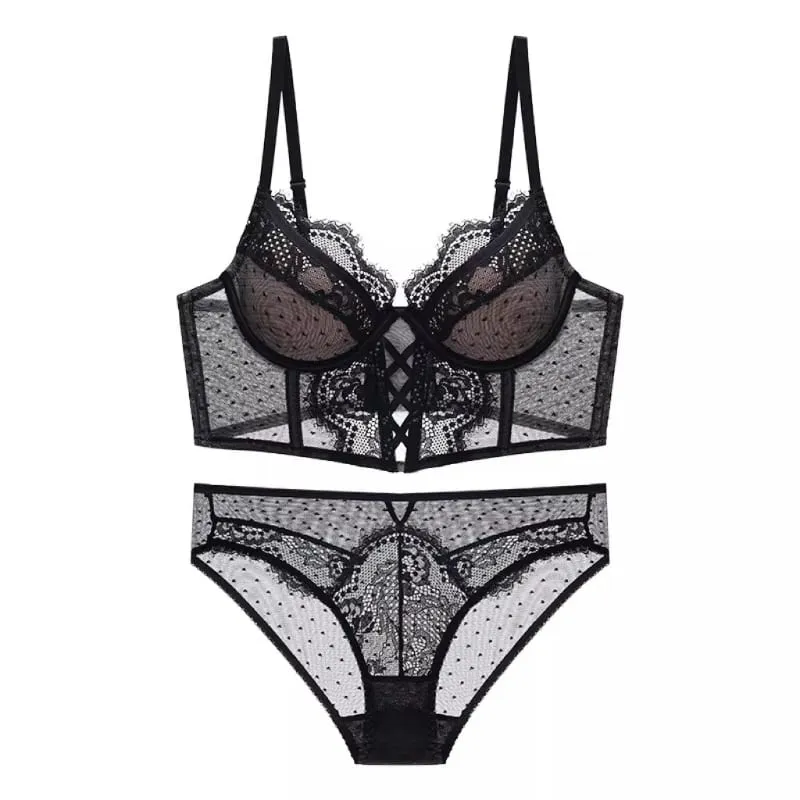 Set Seluar Dalam French Lace Push Up Mulher Thin Underwire Bra Sheer Ruched Chemise Lembut Petite Dada Kecil S-XL Petite Elegance