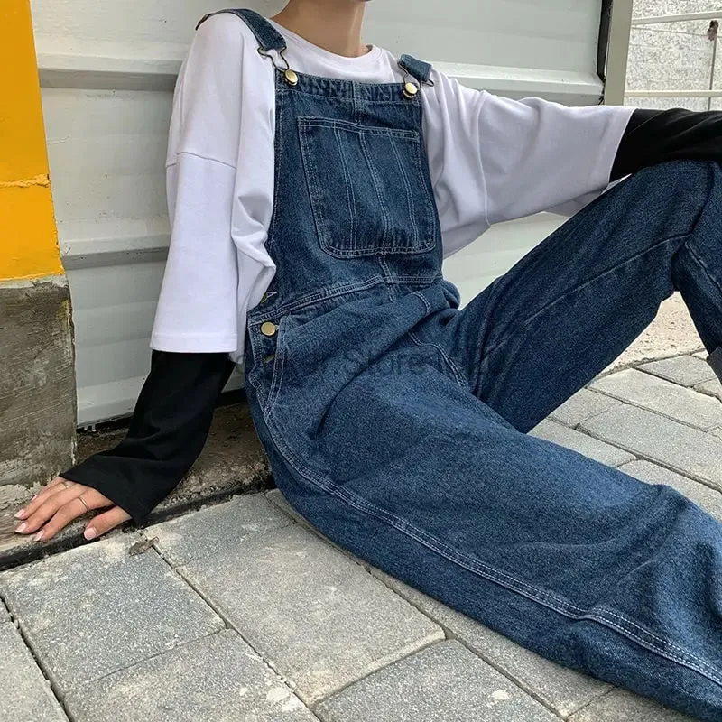 ใหม่ผู้ชาย DENIM Overalls Casual หลายกระเป๋าหลวม Splice ตรง Rompers แฟชั่นปรับ Suspenders กางเกงยีนส์สำหรับชาย — image 4