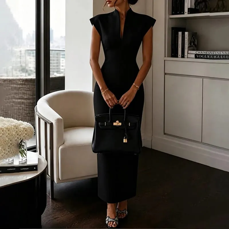 Robe de tempérament solide pour femmes, sans manches, Slim, col en V, taille haute, élégante, tenue de soirée formelle, Chic, nouvel arrivage 2026 — image 2