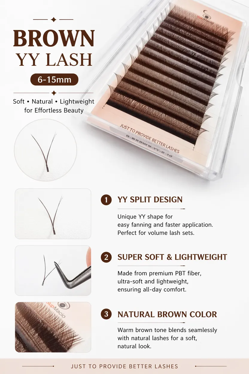 Supmacio YY Lashes Marrone Morbide Ciglia Invividual Forma a Y Volume Estensione ciglia Doppia punta 2D Eye Lash Cilios YY Wire — image 4
