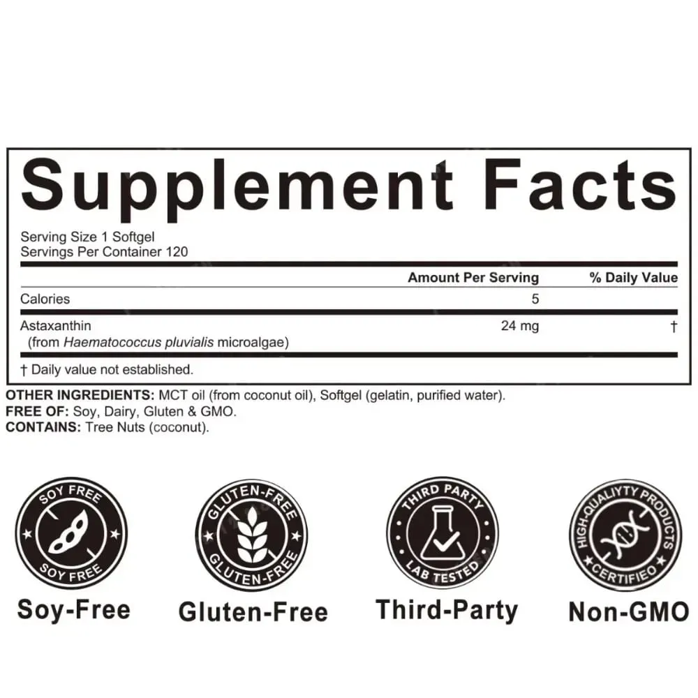Astaxanthine Softgels 24 mg Triple force puissant antioxydant soutien de la santé des yeux microalgues sans soja sans gluten 120 unités — image 7
