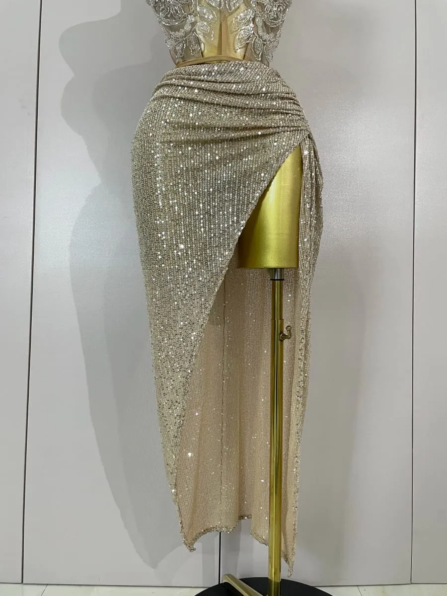 Sparkly Pailletten Perlen Sexy Liebsten Zwei Stücke Set Frauen Abend Feiern Nachtclub Party Luxus Geburtstag Kleid Bühne Kostüm — image 6