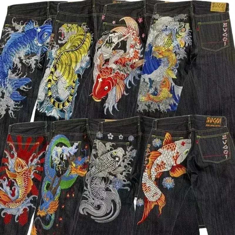 Japanische Hip-Hop-Jeans mit Brokat-Karpfen-Aufdruck, gleicher Stil, Paar-Waschung, hohe Taille, Retro-Freizeithose, lockere Passform, gerade Hose mit weitem Bein — image 5
