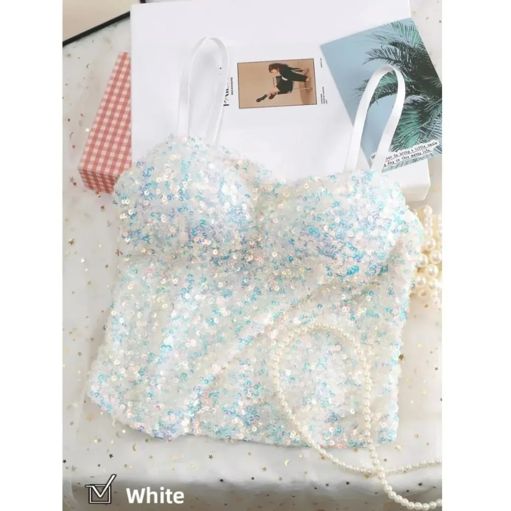 Camiseta sin mangas de una pieza con lentejuelas brillantes, chaleco envolvente fijo en el pecho, chaleco sin espalda de alta elasticidad, ropa interior, chaleco de capa Base corta, Top de verano — image 11