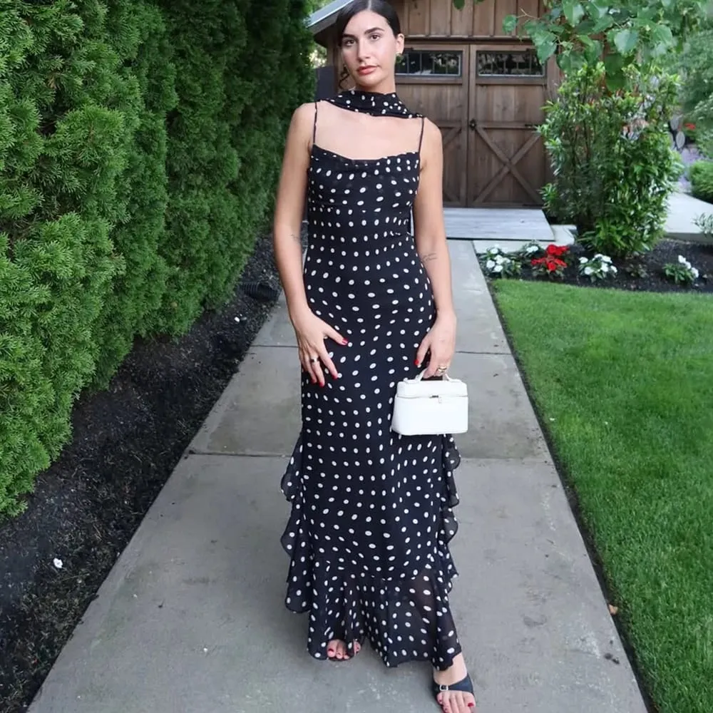 Tuularose Elegant Polka Dot Long Dress Summer Scarf Ribbon Ruffle Halter Pleated Dress Luxury Sleeveless Women's Evening Dresses — image 2