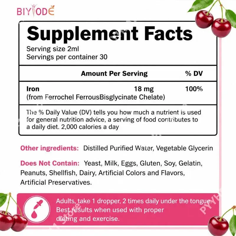 Supplément liquide Iron Drops 18 Mg (100% DV) Ferrochel Bisglycinate ferreux chélate Absorption facile Saveur cerise 60 ml
