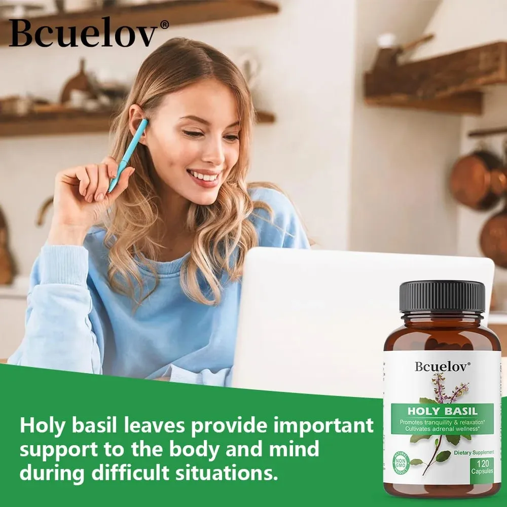 Holy Basil Tulsi Extract Capsules สนับสนุนต่อมหมวกไตภูมิคุ้มกันระบบทางเดินหายใจ & Daily Calm Wellness ความเครียดและความวิตกกังวลบรรเทา