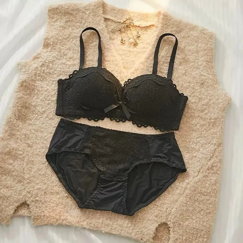 Conjunto de lencería Sexy de encaje, Push Up, acolchado grueso, pecho pequeño, mejora la forma, sujetador de media copa, ropa interior íntima breve oculta — image 11