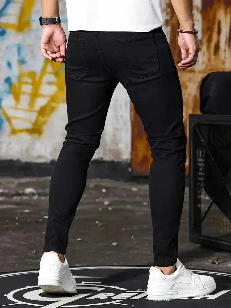 กางเกงยีนส์ผู้ชายยืดกางเกงยีนส์กางเกงสีทึบสีดำสีฟ้าฤดูใบไม้ผลิ Luxury Street Harajuku Hip-Hop สไตล์ SLIM FIT กางเกงยี่ห้อ