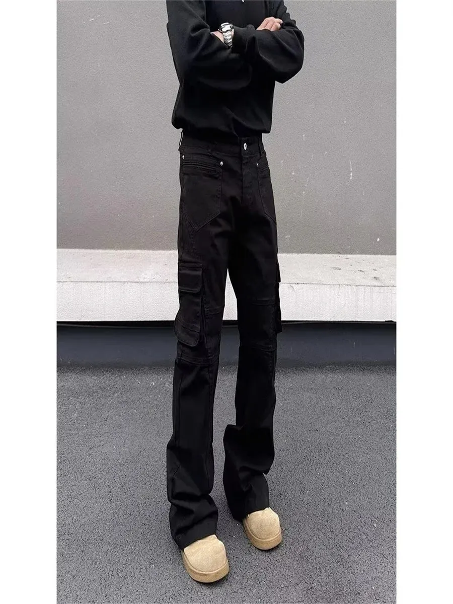 สไตล์อเมริกัน Vibe ย้อนยุคอุตสาหกรรมหนักหลายกระเป๋าประกบ workwear กางเกงยีนส์ผู้ชายหลอดตรงไมโครบานบางพอดีกระทะยาว — image 7