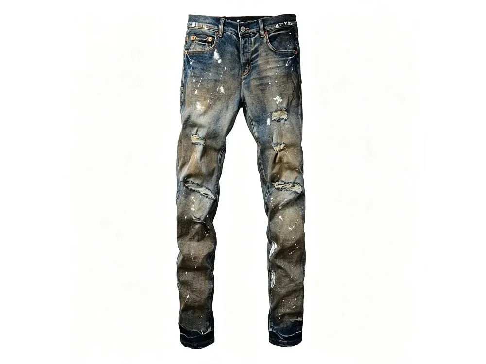 Jeans affusolati slim con strappi multipli da uomo Lavaggio sfumato blu vintage Bottoni con schizzi di vernice bianca Fly High Street Style — image 8