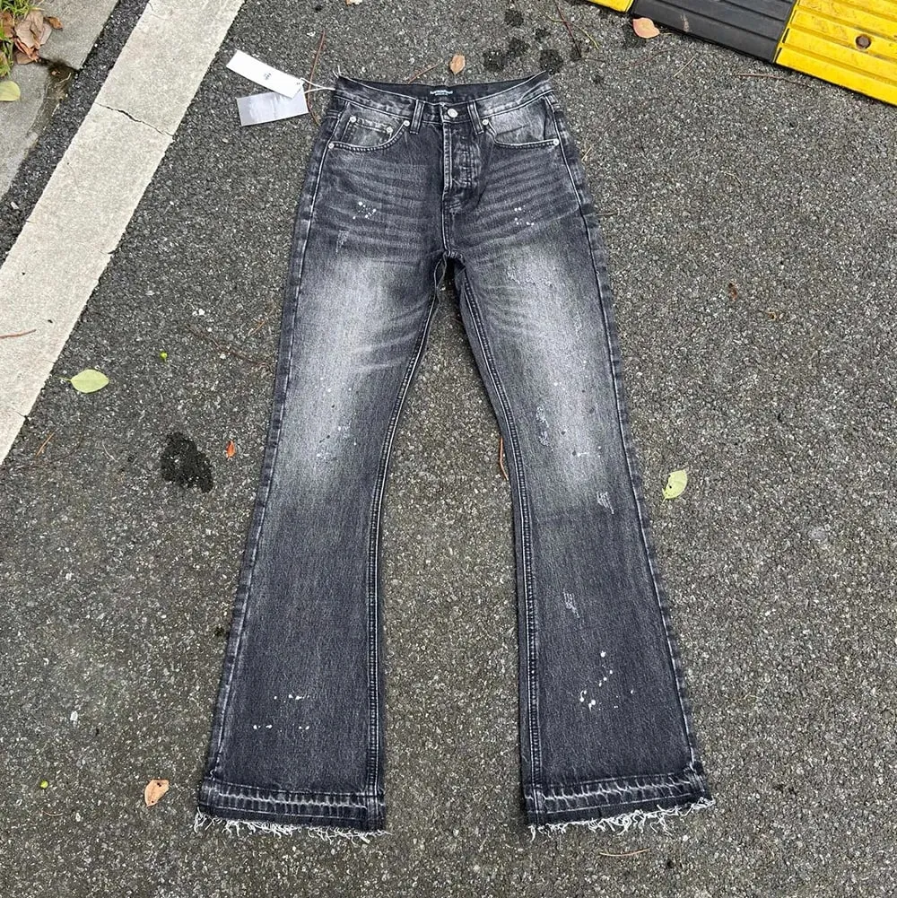 Pantalon en Denim Micro Flare délavé à l'eau lourde rétro bleu éclaboussures d'encre pantalon en jean Baggy droit pour hommes et femmes coupe de botte