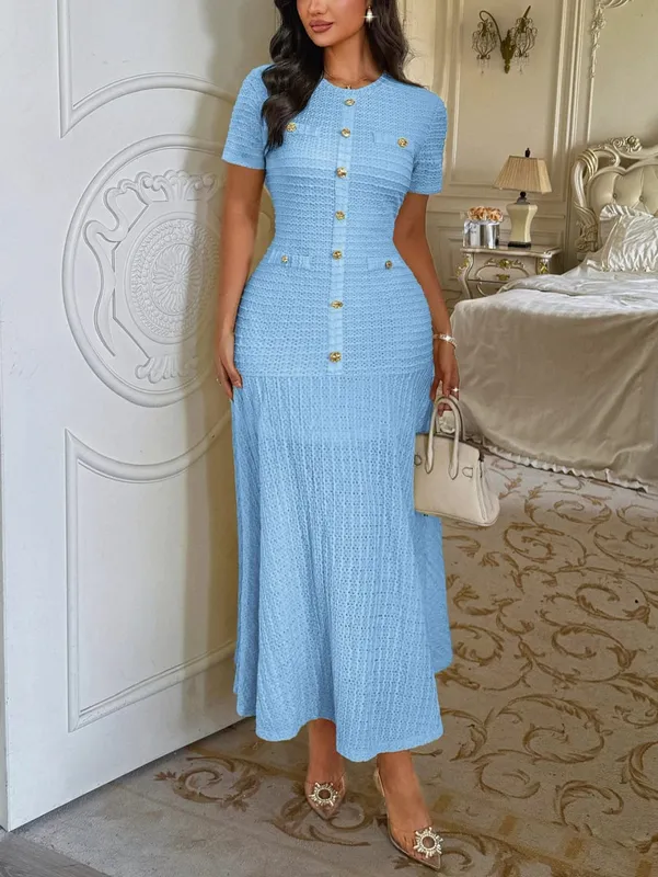Einfarbiges Midikleid für Damen, kurzärmelig, mit goldenen Knöpfen verziert, tailliertes Kleid mit ausgestelltem Saum, elegantes Retro-Outfit für Verabredungen und Partys — image 4