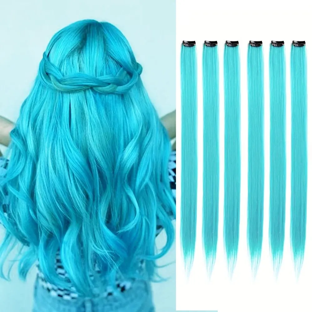 6 Stück/Packung, farbige Party-Highlights, Clip-in-Haarverlängerungen, 22 Zoll, mehrfarbig, glattes Haar, synthetische Haarteile — image 18