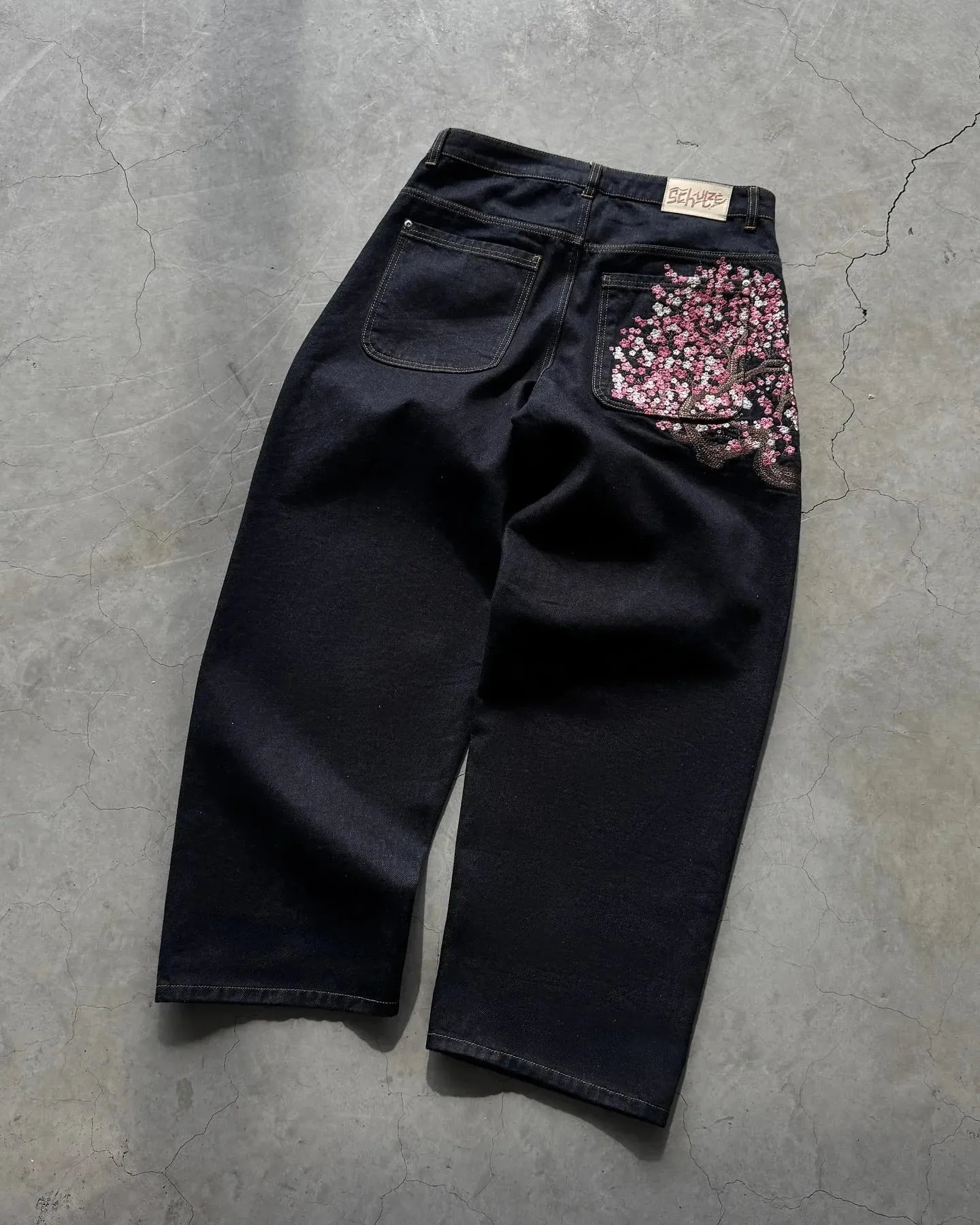 Harajuku Patchwork Kersenbloesem Borduren Denim Broek Y2k Vintage Vrouwen Baggy Rechte Wijde Pijpen Jeans Straat Mannen Kleding — image 4