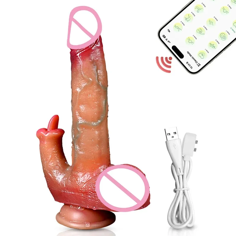 Thrusting Dildo จริง Dildo ลิ้นเลีย Clitoral Stimulator Sex Toy Vibrator ช่องคลอด Anal G-Spot Massager สำหรับผู้หญิงคู่ — image 7
