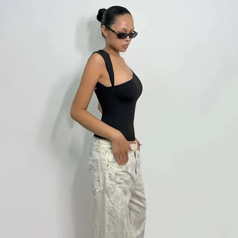 Dulzura asymétrique une épaule dos nu mince sans manches débardeur femmes solide Sexy haut décontracté Style de rue Y2K vêtements d'été — image 4