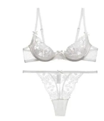 Riviera シアー ブラレット - 通気性のあるハーフカップ アンダーワイヤー ブラジャー 夏対応 レース ランジェリー セット スポンジなし 熱波対応
