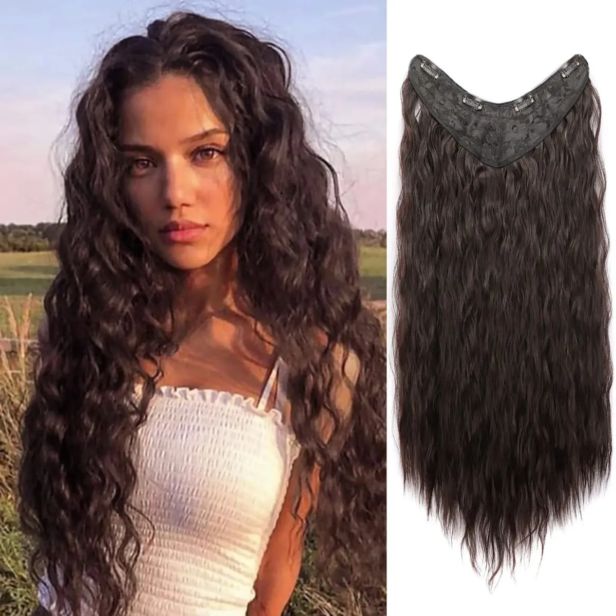 Extensions de cheveux synthétiques bouclés pince en une seule pièce 4Clips postiches longues vague profonde pour les femmes usage quotidien accessoire de cheveux de fête — image 2