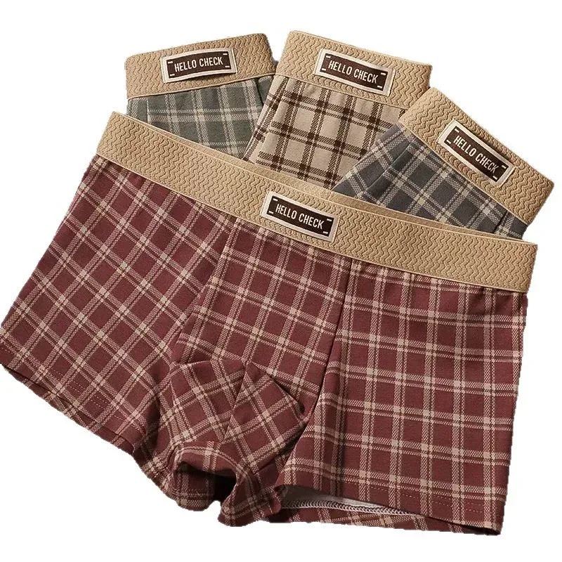 Shorts boxer retrô estampado xadrez masculino de 4 peças, roupa íntima macia, confortável e respirável, shorts boxer sem costura masculino