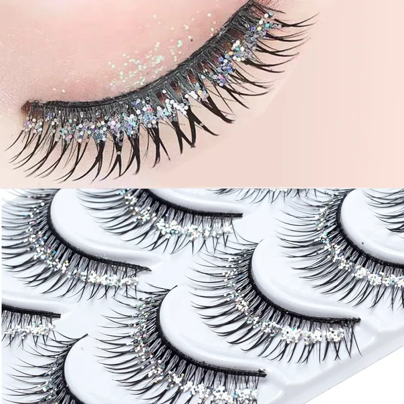 5 คู่แต่งหน้าเพชรขนตาปลอมชุดแสดง Catwalk Party Shinny Eye Lashes Handmade Eyelash Shinning เครื่องสำอาง — image 7