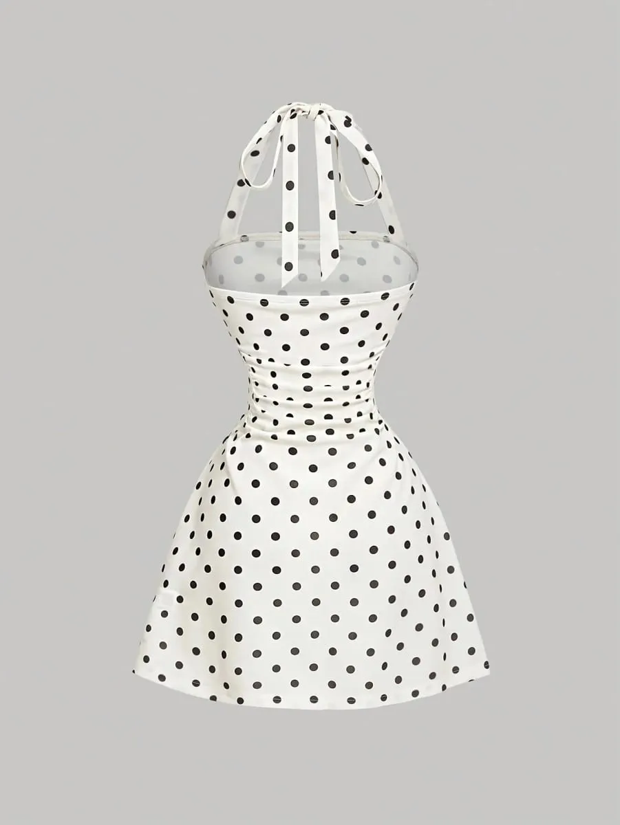 Ladies Summer Halter Mini Dress Polka Dot Pattern Graduation Ceremony Music Festival Dance Party Vacation Suitable — image 3