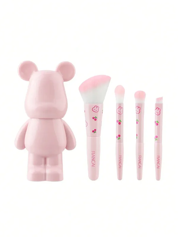 4-delige make-upborstelset met kersenprint en schattig beervormig opbergdoosje Blush met zachte haren Oogschaduwdetail make-upborstelset