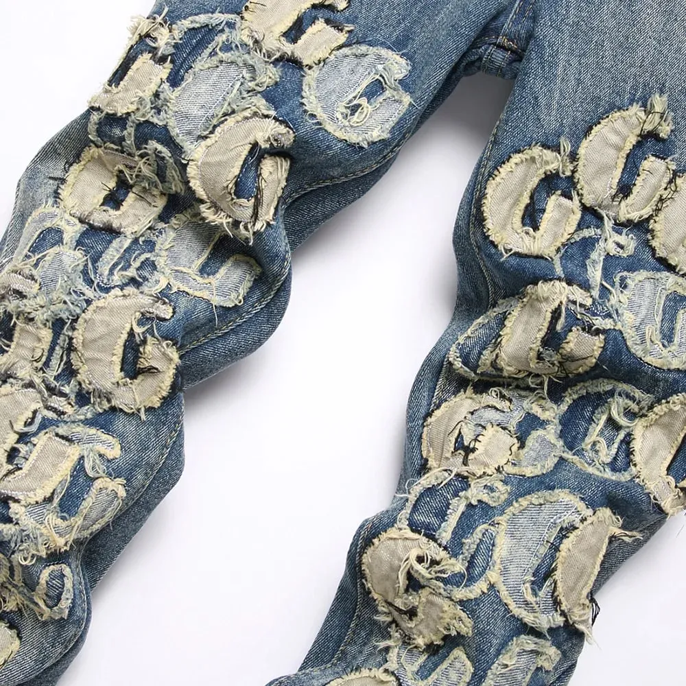 Men Letters Patch Embroidery Denim Jeans Streetwear Release Hem Distressed Pants Retro Vintage Blue Slim But Cut Flared Trousers — image 3