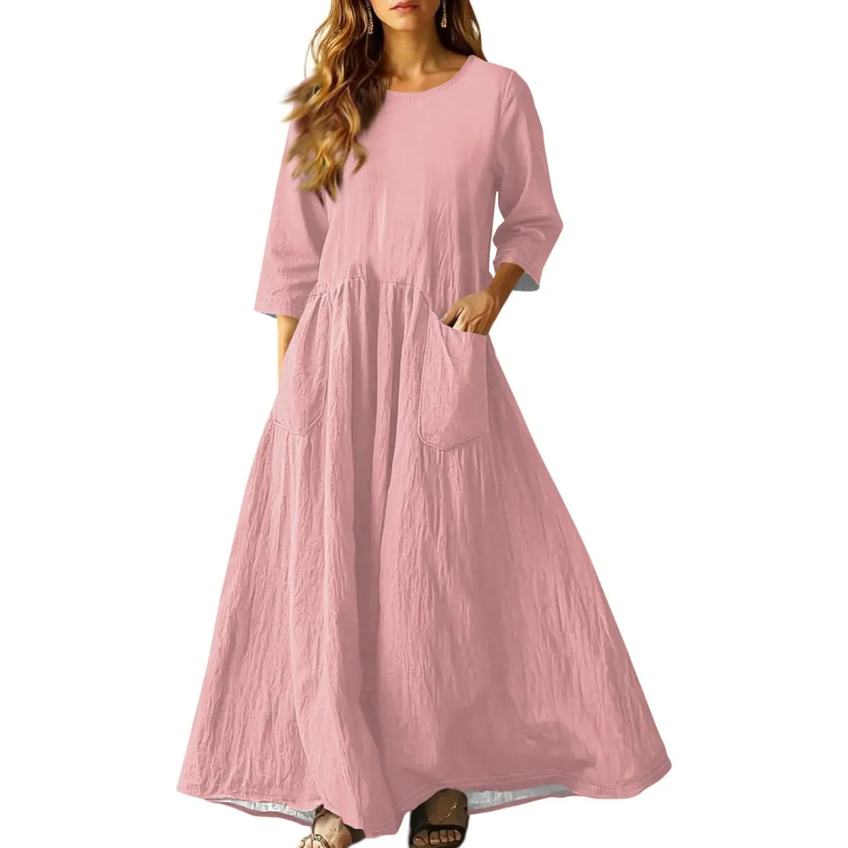 Gaun Panjang Longgar Musim Panas Wanita Warna Pejal Lengan Tiga Suku Gaun Poket Berganda Gaun Linen Leher Bulat Longgar Vestidos — image 3