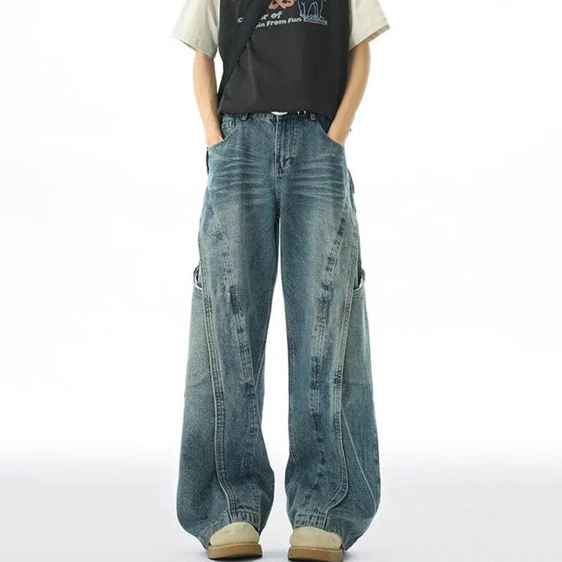 Wersja koreańska Męskie dżinsy z zakrzywionym nożem i luźnym wzorem retro Spodnie z prostymi nogawkami Casual, z dużą kieszenią i szerokimi nogawkami — image 5