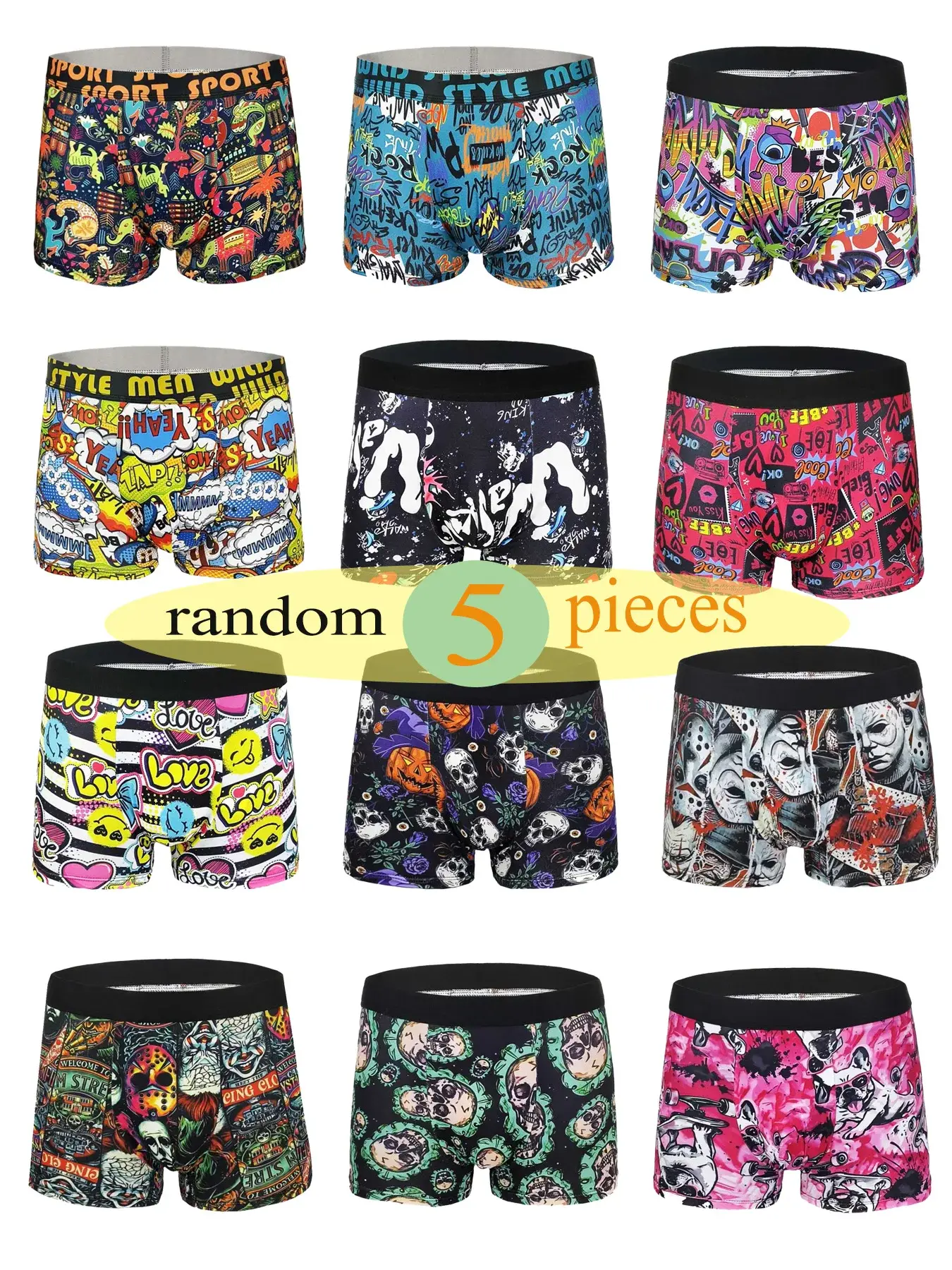 Erkek Eğlenceli Graffiti Baskılı Boxer Şort Rastgele 5 Parçalı Set, Trendy, Kişiye Özel, Rahat ve Nefes Alabilen Dört Köşe Pantolon