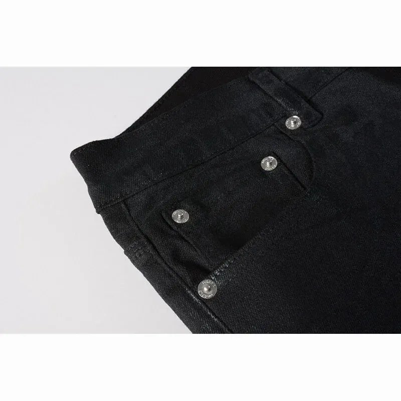 Seluar Jeans Tirus Tirus Bersalut Hitam Lelaki Dibasuh Bermasalah Rekaan Butang Terbang Gaya Jalan Tinggi — image 3