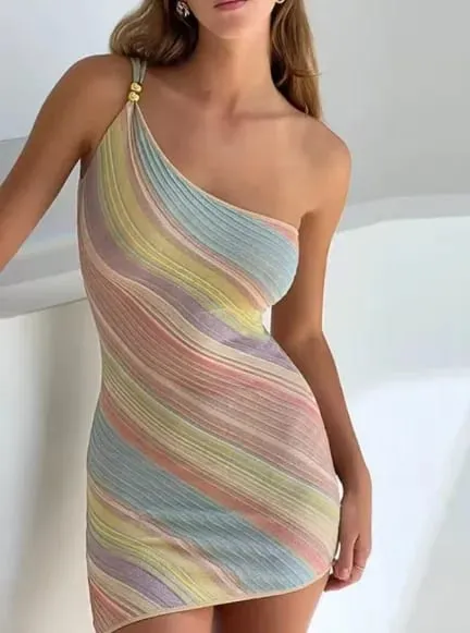 여성 레인보우 스트라이프 니트 맥시 드레스 원 숄더 싱글 스트랩 사이드 스플릿 Bodycon Vestidos 여름 해변 휴가 파티 가운 2026 — image 7