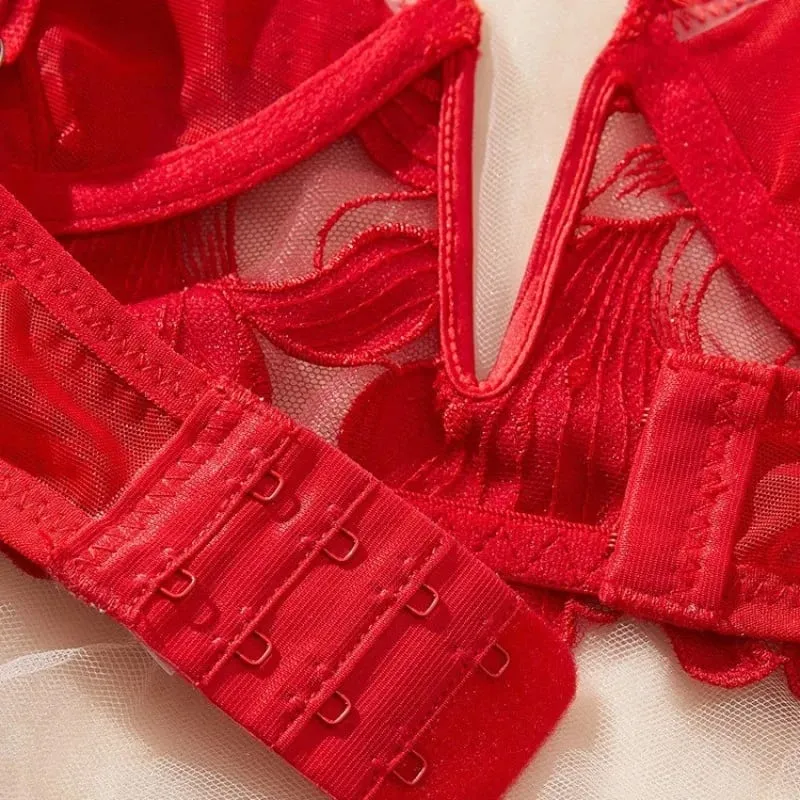 Women Red Floral Lace Lingerie Set Sheer Underwire Thin Cup Bra Matching Thong Panties Sexy Hollow Intimates — image 4