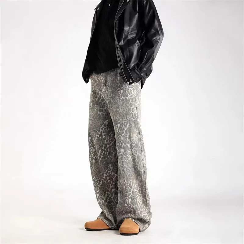 2026 neue Vintage Distressed Leopard Gedruckt Y2K Jeans Männer High Street Baggy Gebogene Denim Hosen Hip Hop Mode Punk jean — image 5