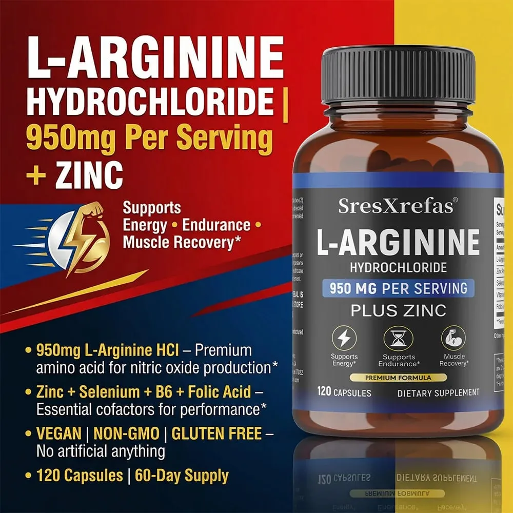 Men's L-Arginine 950mg Capsules - Supports Blood Circulation Workout Endurance & Muscle Growth Mercury for Adult 120 Capsules — image 3