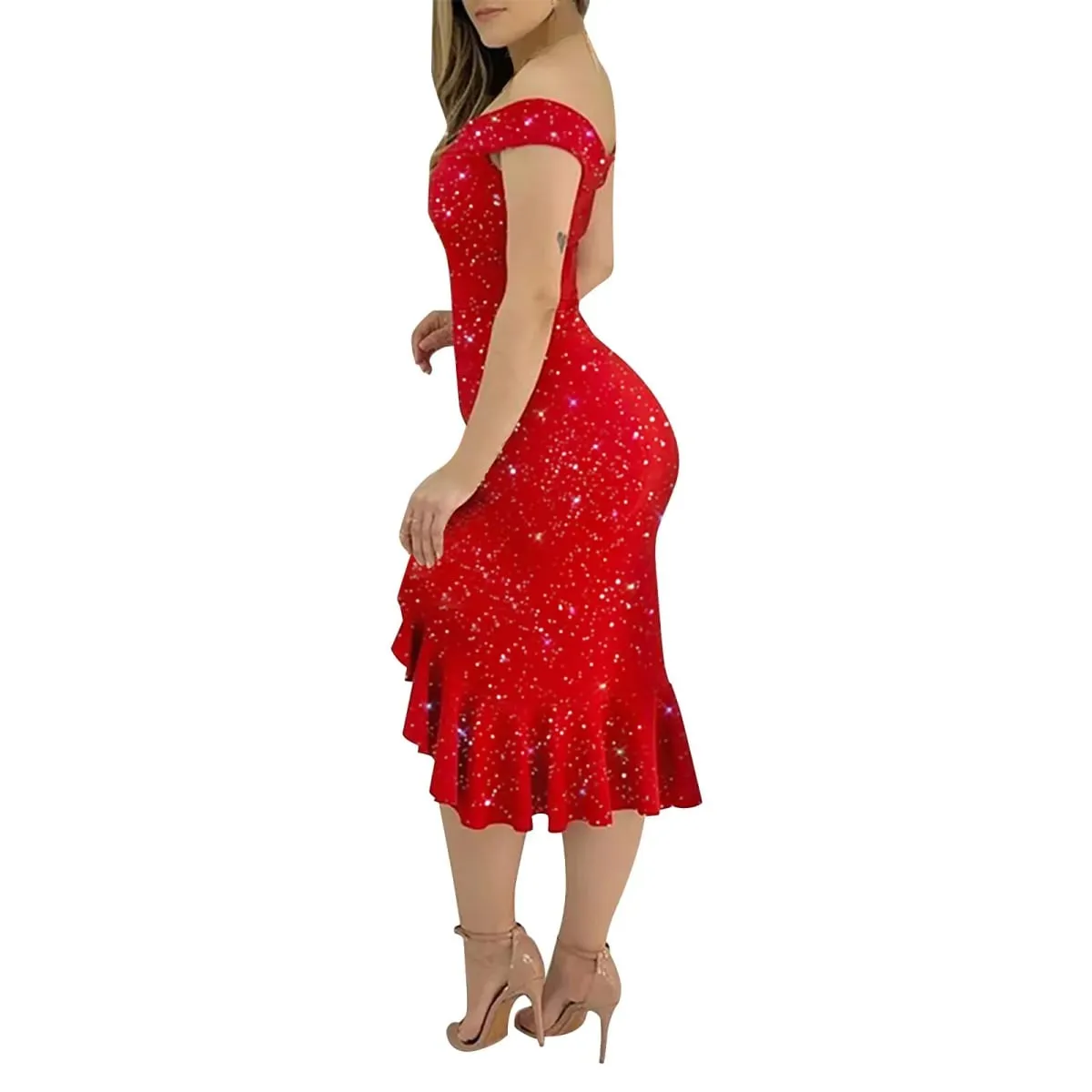Abito da festa da donna Sexy con spalle scoperte Split Ruffle Solido aderente Abito al ginocchio Moda Glitter Abiti eleganti da festa Vestido — image 6