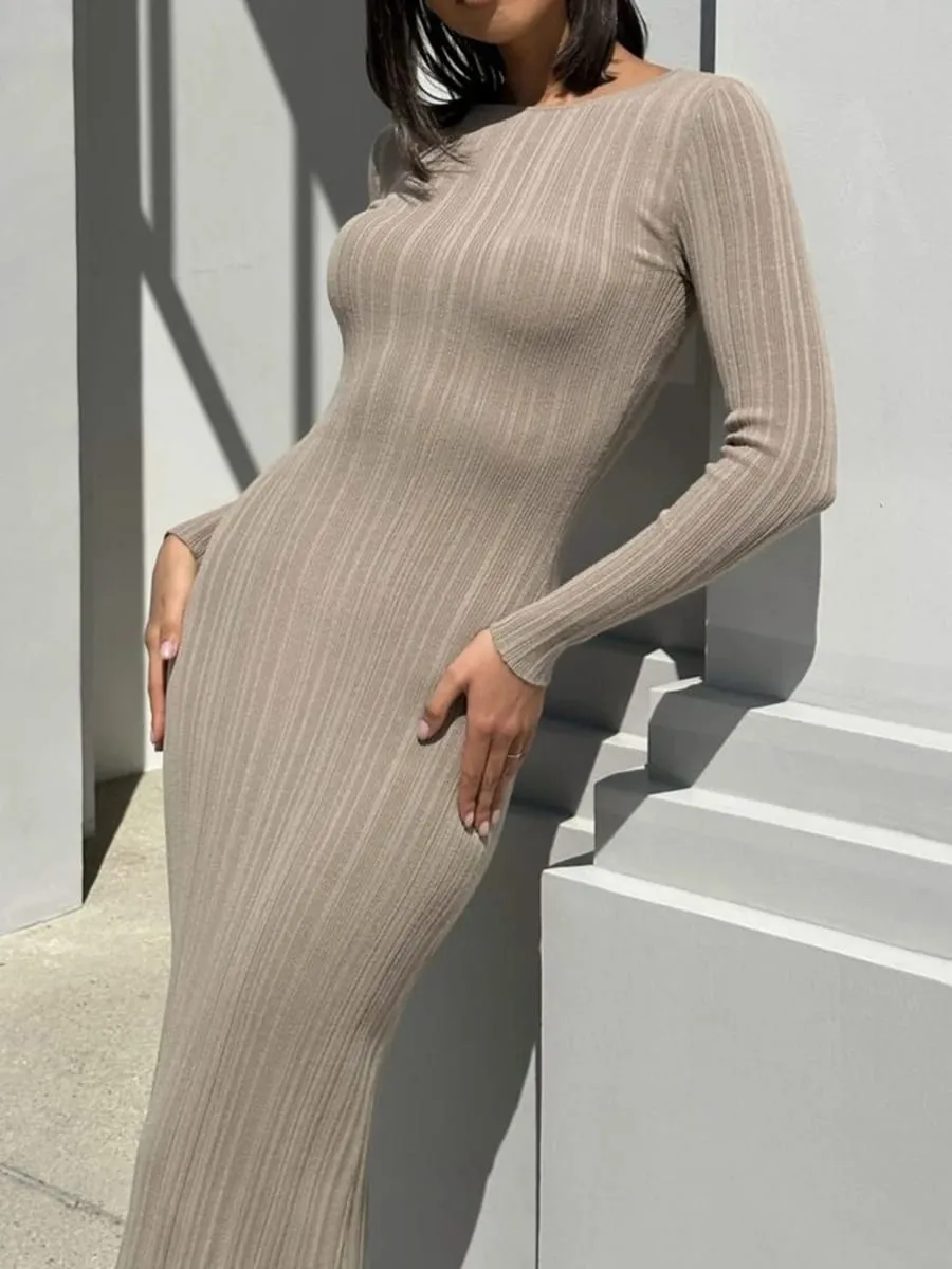 Robe longue en tricot pour femmes, couleur unie, moulante, manches longues, col rond, côtelée, coupe cintrée, printemps automne — image 6