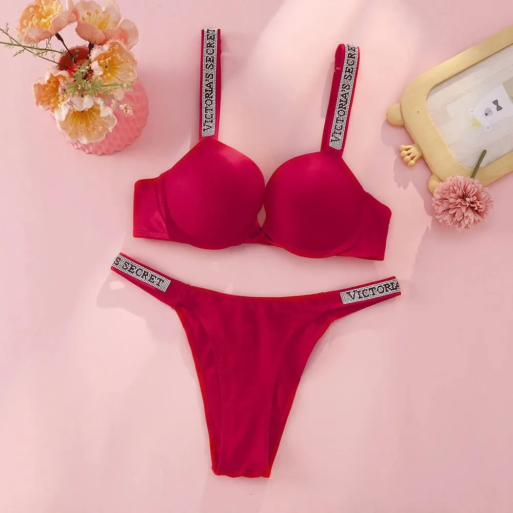 VS Molto sexy Logo Shine Strap Reggiseno push up floreale tropicale Shine Script Perizoma Slip Victoria Secret Set di lingerie sexy — image 7