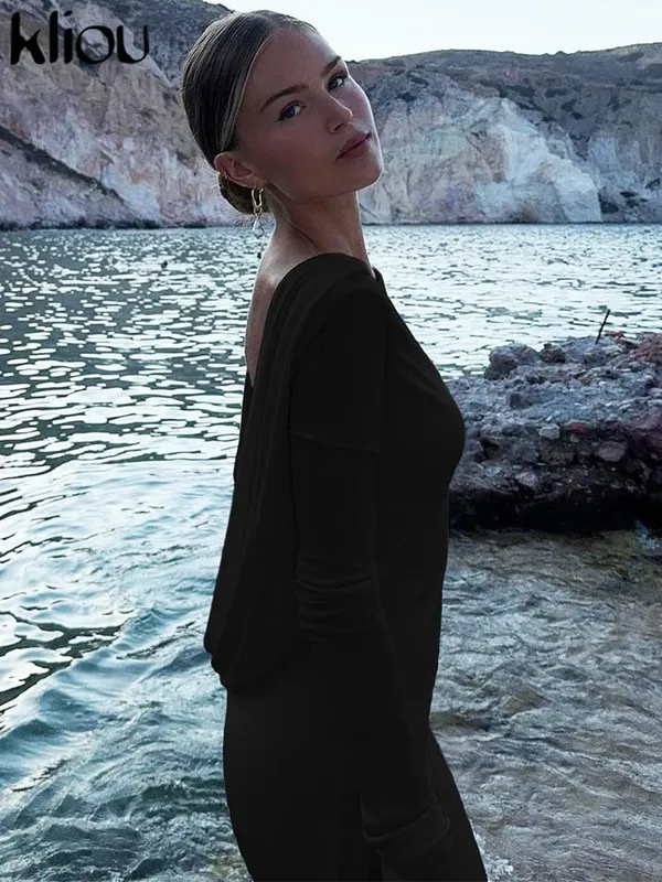 kliou Solid Elegant Dame Maxikjole Enkel Efterår Klassisk Trend Fuldærmet Svingende Rygløs Skede Vestidos Mujer Aftenkåbe