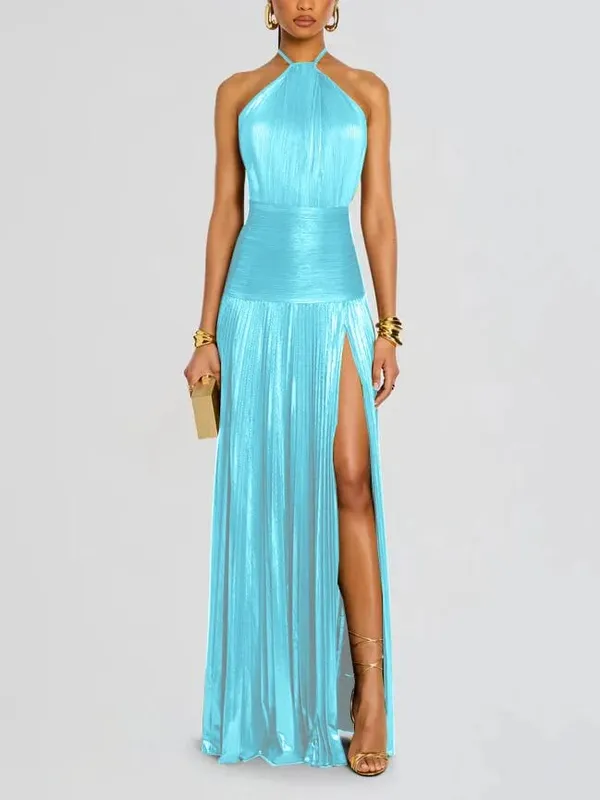 Gold Halter Neck Evening Dress Woman Chic Solid Color Pleated Backless Package Hip Slit Dress Fashion Trendy Lady Party Vestidos — image 8