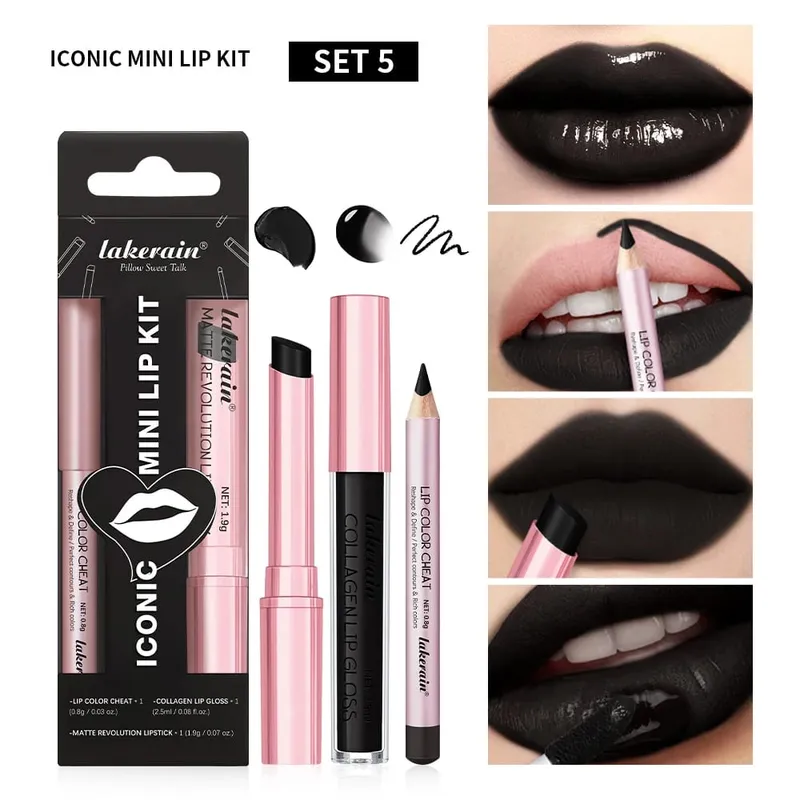 กันน้ำ Long Lasting Matte ลิปสติกสีดำชุด Velvet Liquid Lip GLOSS Lip Liner ชุดคราบสีแดงฮาโลวีน Goth แต่งหน้า