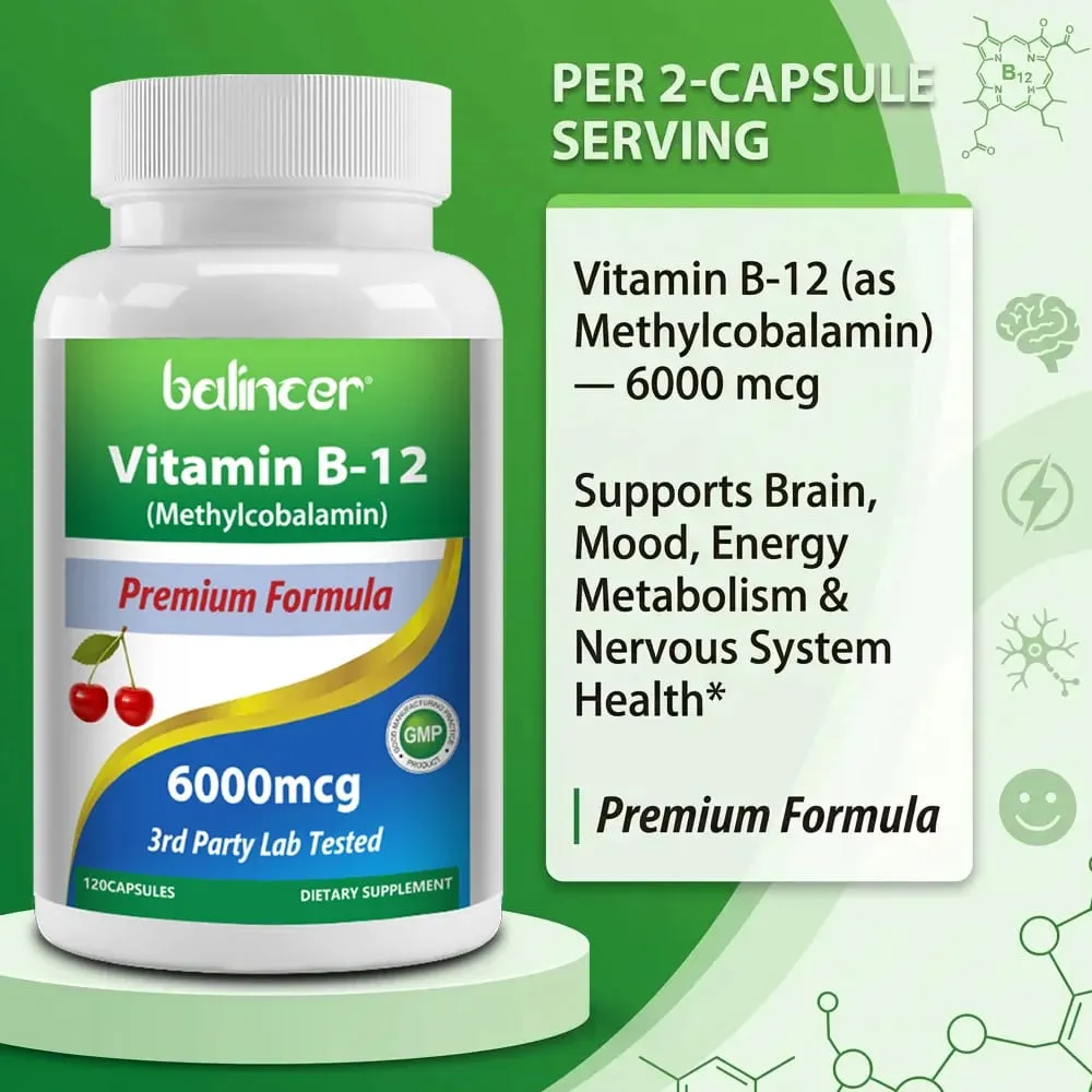 Doplněk vitamínu B12 6000 mcg - Energie Mozek Paměť Nálada Funkce srdce Podpora nervového a imunitního systému 30/60/120 tobolek — image 4