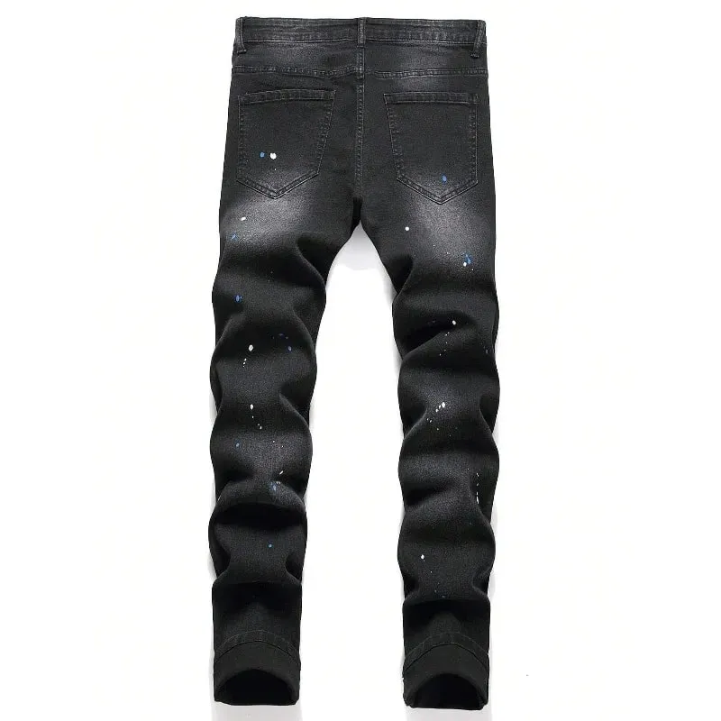 2025 ฤดูใบไม้ร่วงใหม่ยืดกางเกงยีนส์แฟชั่น Ripped Patchwork Slim ยุโรปอเมริกันกางเกงชายสี Dot Hip Hop DENIM กางเกง — image 3