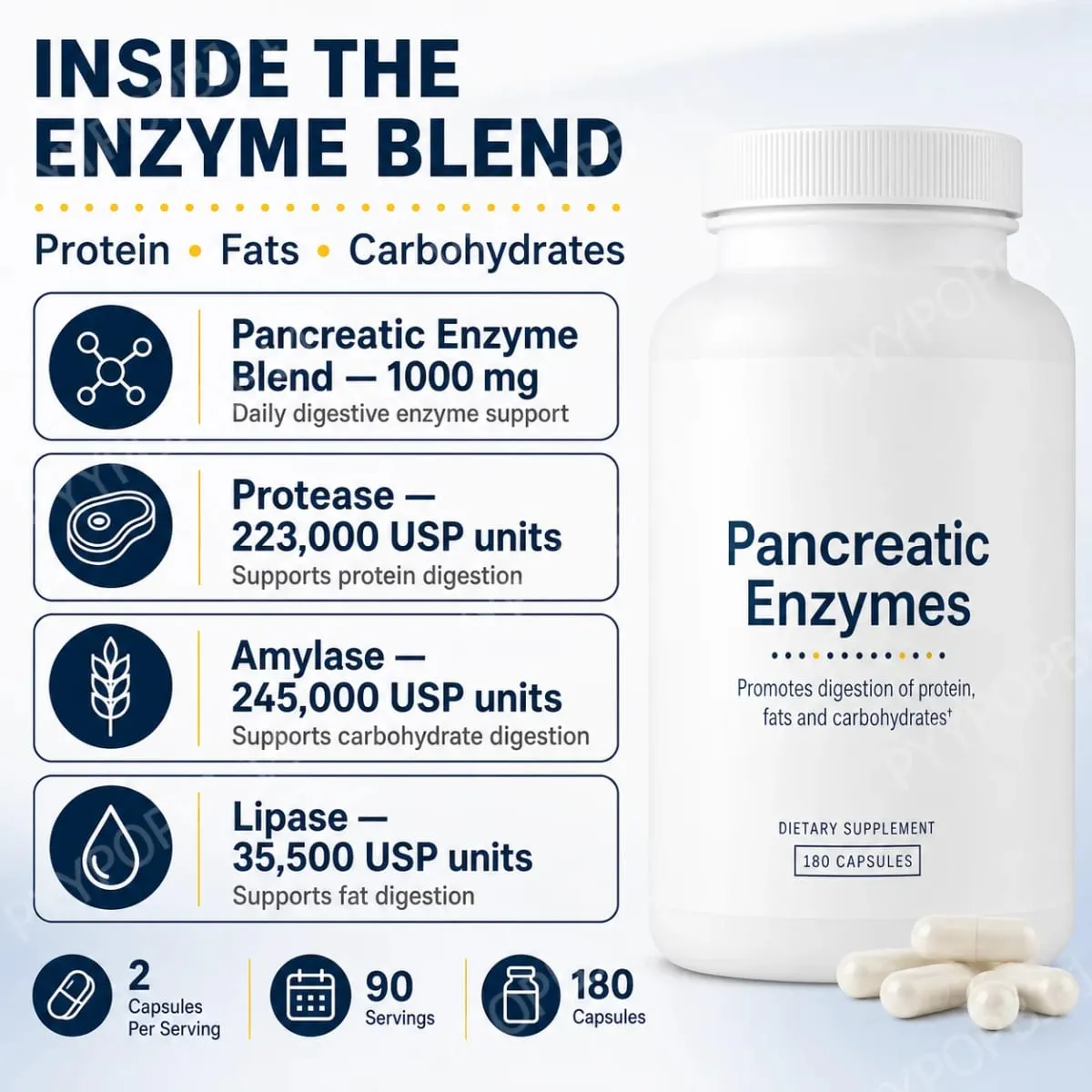 Integratore di enzimi digestivi 180 capsule Miscela di enzimi pancreatici proteasi amilasi lipasi supporta la digestione di proteine, grassi e carboidrati — image 5